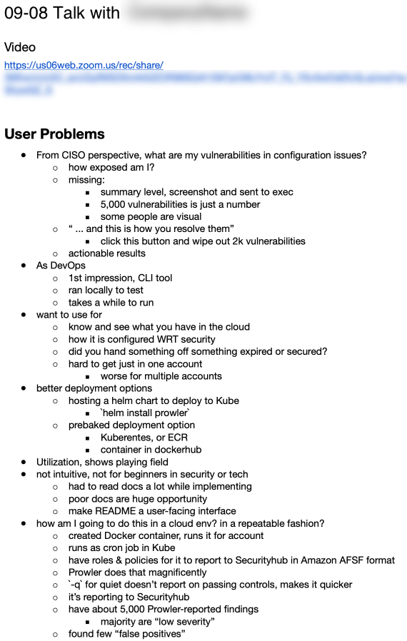 Screenshot of interview notes from an enterprise Prowler user.
